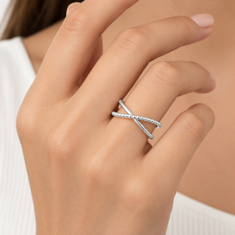 Sterling Silver Dual Row "X" Crossover Adjustable Ring - Leila Jewels