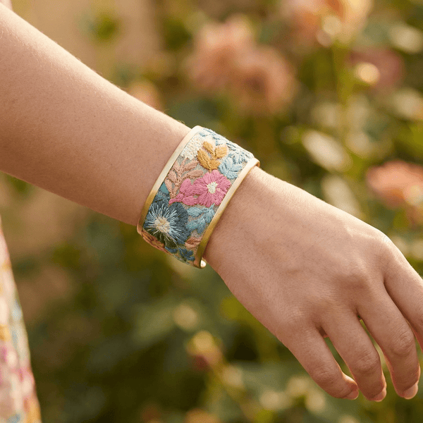 Faded Floral Embroidered Cuff Bracelet - Leila Jewels