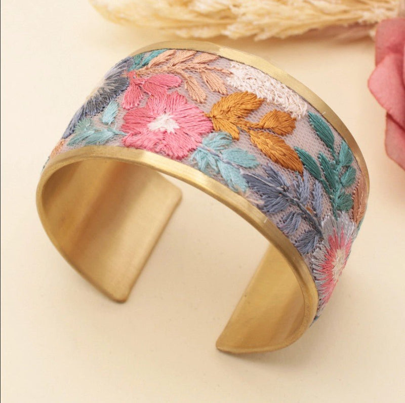 Faded Floral Embroidered Cuff Bracelet - Leila Jewels
