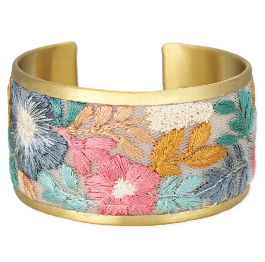 Faded Floral Embroidered Cuff Bracelet - Leila Jewels