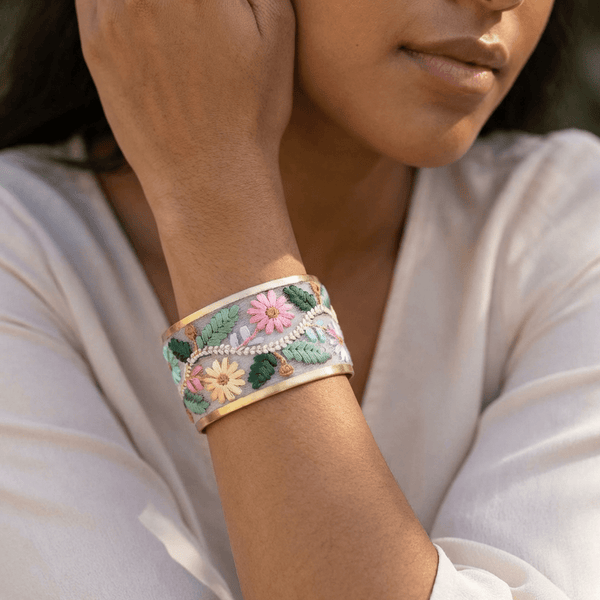Floral Vines Embroidered Cuff Bracelet - Leila Jewels