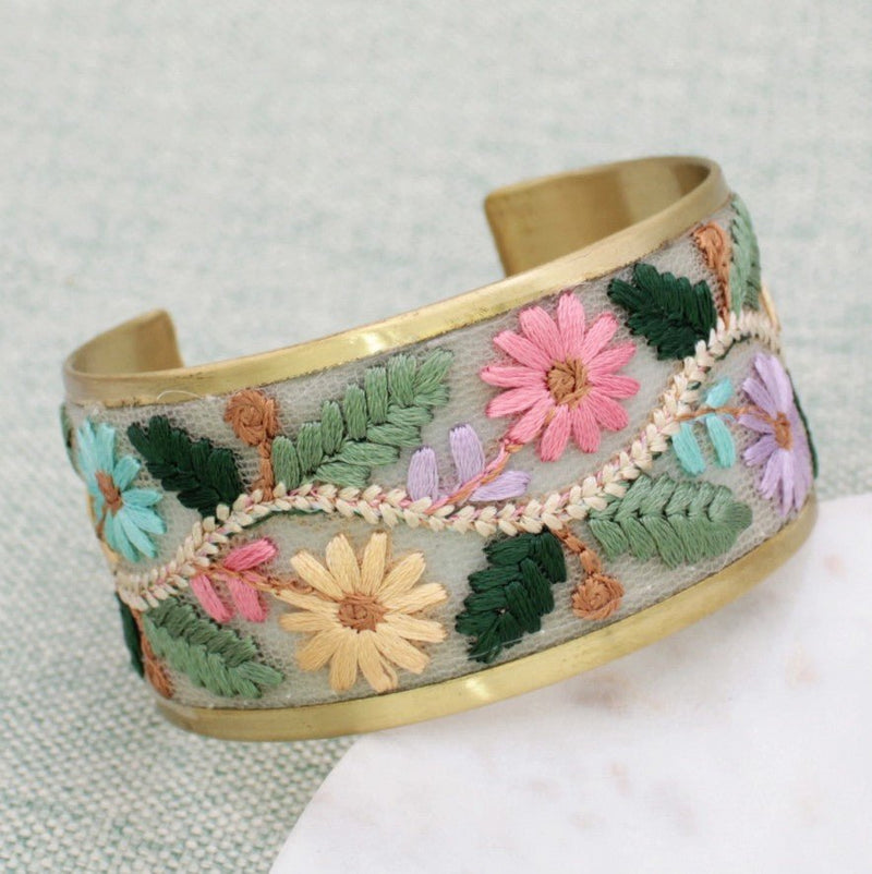 Floral Vines Embroidered Cuff Bracelet - Leila Jewels