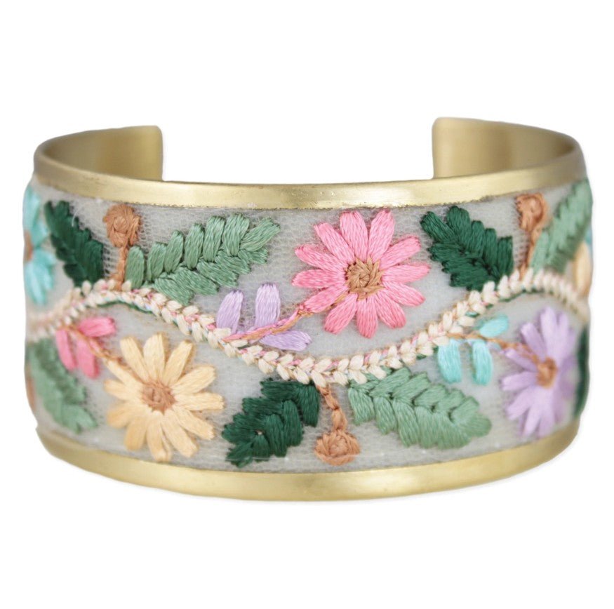Floral Vines Embroidered Cuff Bracelet - Leila Jewels