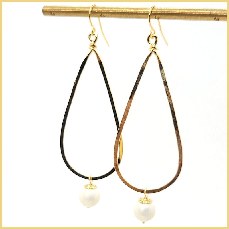 Hammered Long Teardrop Earrings with Pearl Drop - Leila Jewels