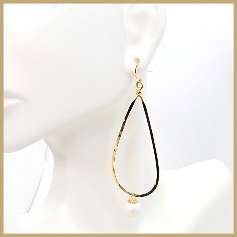 Hammered Long Teardrop Earrings with Pearl Drop - Leila Jewels