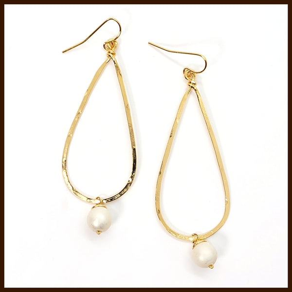 Hammered Long Teardrop Earrings with Pearl Drop - Leila Jewels