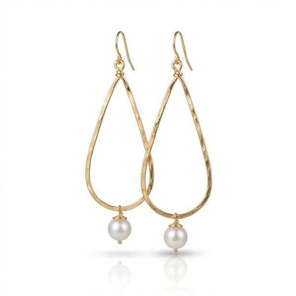 Hammered Long Teardrop Earrings with Pearl Drop - Leila Jewels
