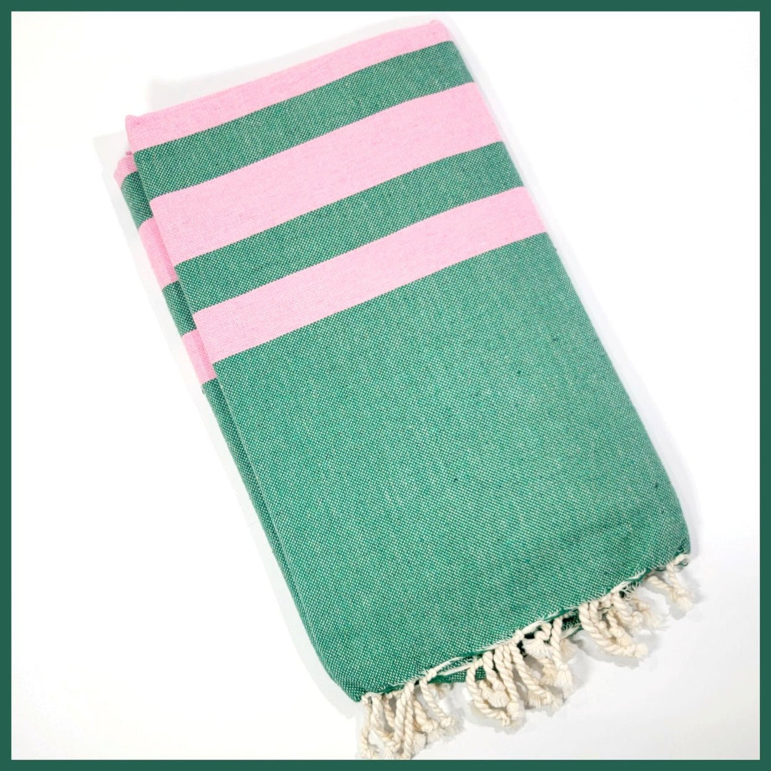 Turkish Towel / Sarong / Beach Towel - Green Pink Stripe