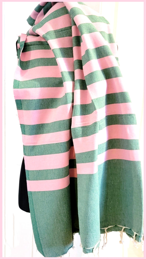 Turkish Towel / Sarong / Beach Towel - Green Pink Stripe - Leila Jewels