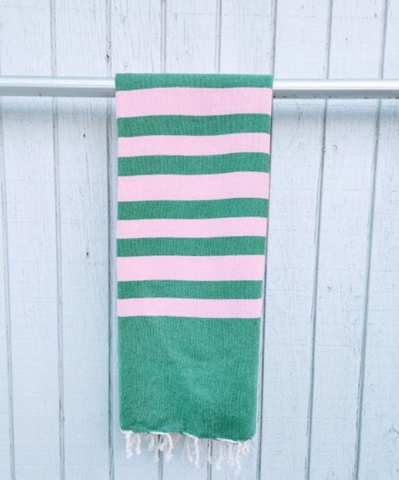 Turkish Towel / Sarong / Beach Towel - Green Pink Stripe