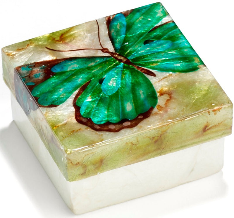 Green Butterfly Capiz Shell Painted Trinket Box