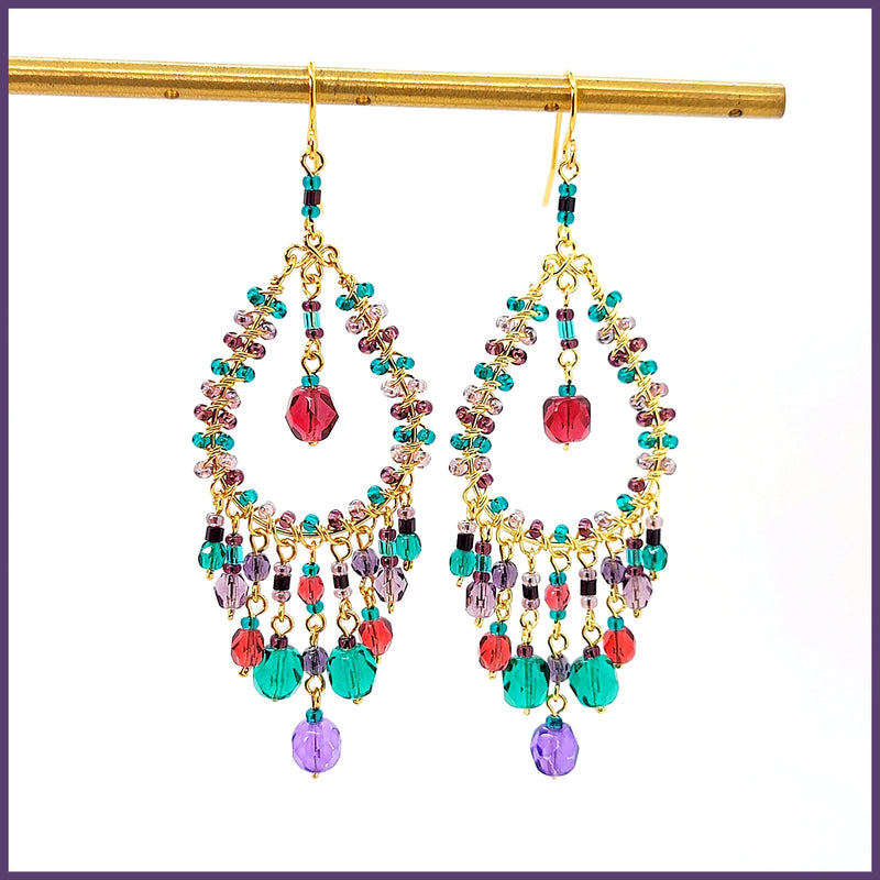 Handmade Beaded Chandelier Earrings - Clear Red Drop - Leila Jewels