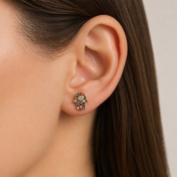 Multicolor Crystal Hamsa Stud Earrings - Leila Jewels