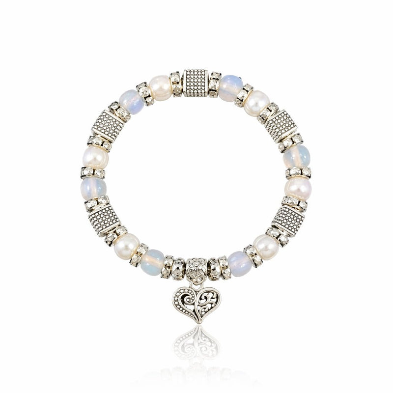 Filigree Heart Charm and Pearl Stretch Bracelet - Leila Jewels