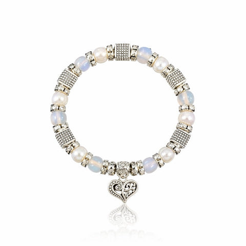 Filigree Heart Charm and Pearl Stretch Bracelet - Leila Jewels