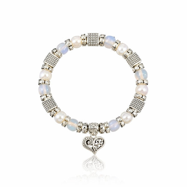 Filigree Heart Charm and Pearl Stretch Bracelet - Leila Jewels
