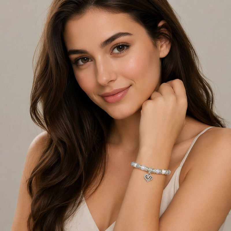 Filigree Heart Charm and Pearl Stretch Bracelet - Leila Jewels