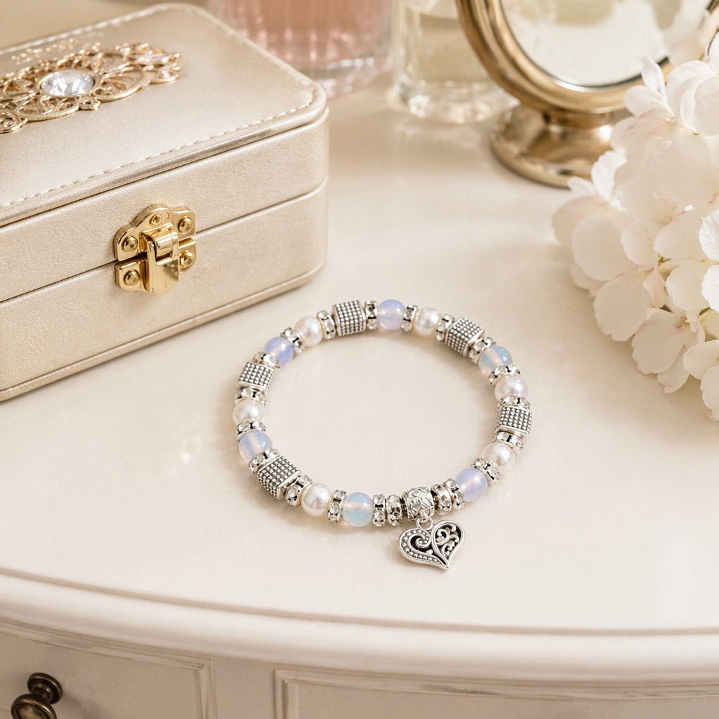 Filigree Heart Charm and Pearl Stretch Bracelet - Leila Jewels