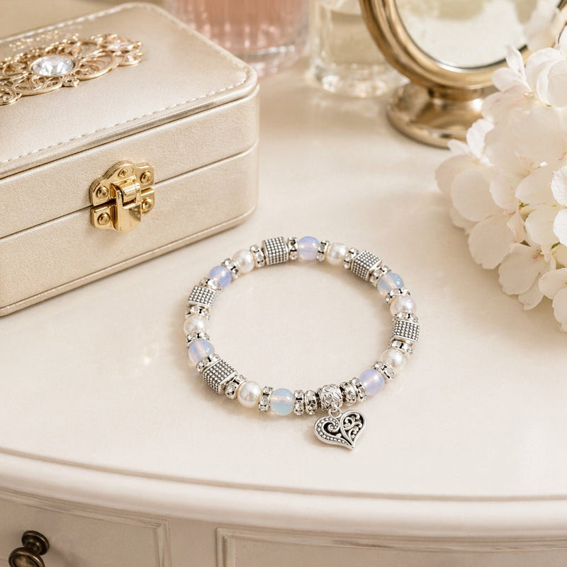 Filigree Heart Charm and Pearl Stretch Bracelet - Leila Jewels