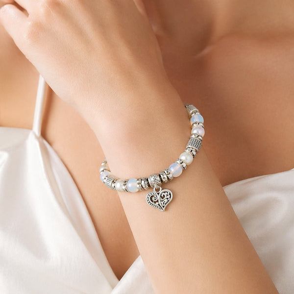 Filigree Heart Charm and Pearl Stretch Bracelet - Leila Jewels