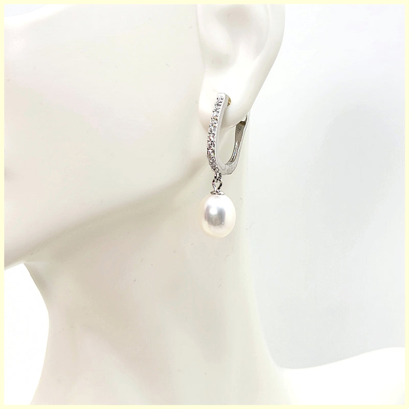 Sterling Pavé Huggies with Cultured Pearl Drop - Leila Jewels