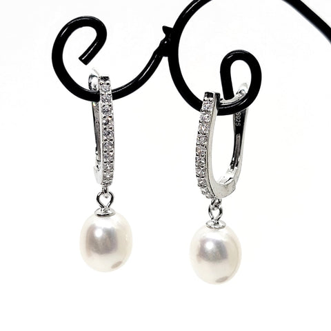 Sterling Pavé Huggies with Cultured Pearl Drop - Leila Jewels