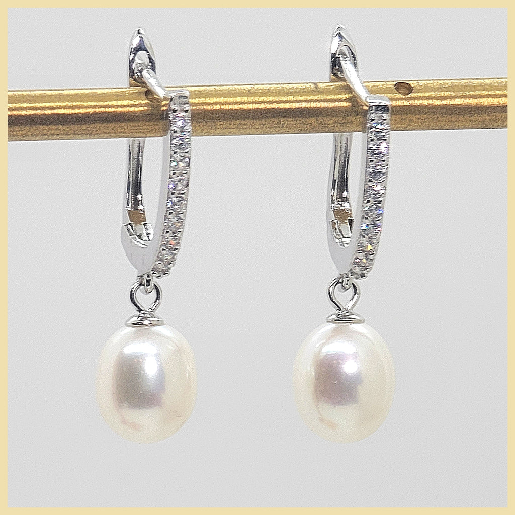 Sterling Pavé Huggies with Cultured Pearl Drop - Leila Jewels