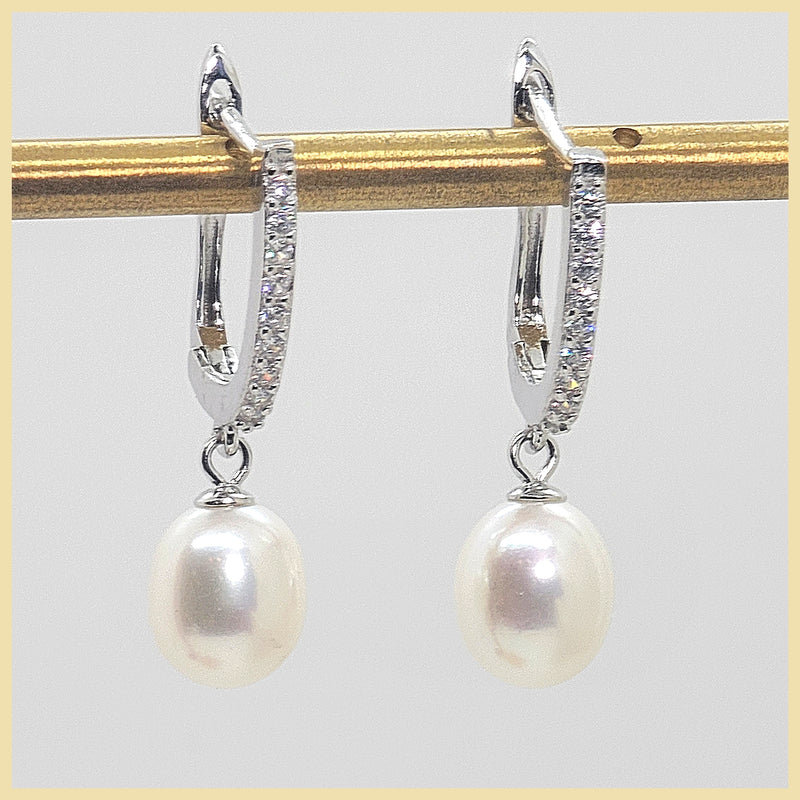 Sterling Pavé Huggies with Cultured Pearl Drop - Leila Jewels