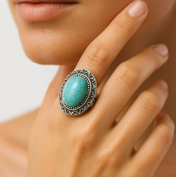 Turquoise Stone Adjustable Dome Ring - Leila Jewels
