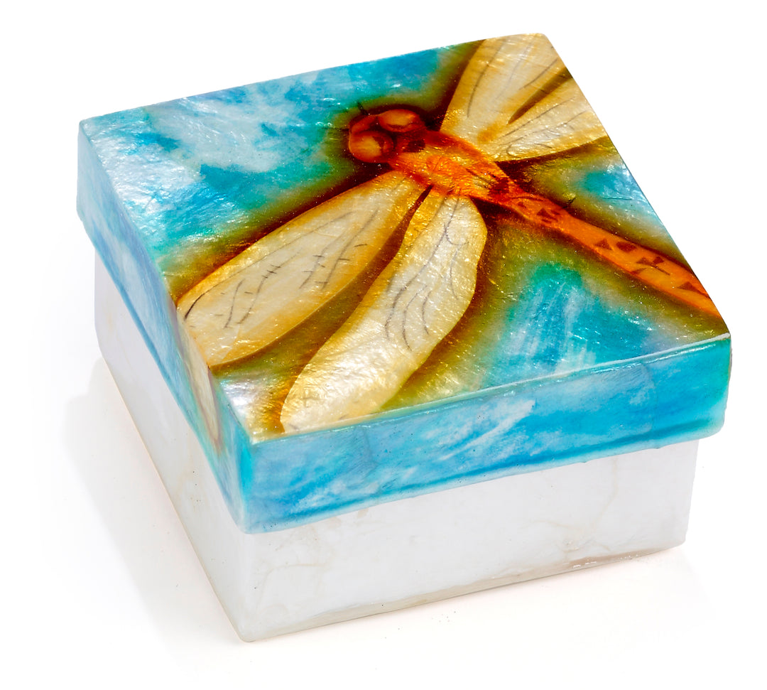 Capiz Shell Painted Trinket Box - Golden Dragonfly
