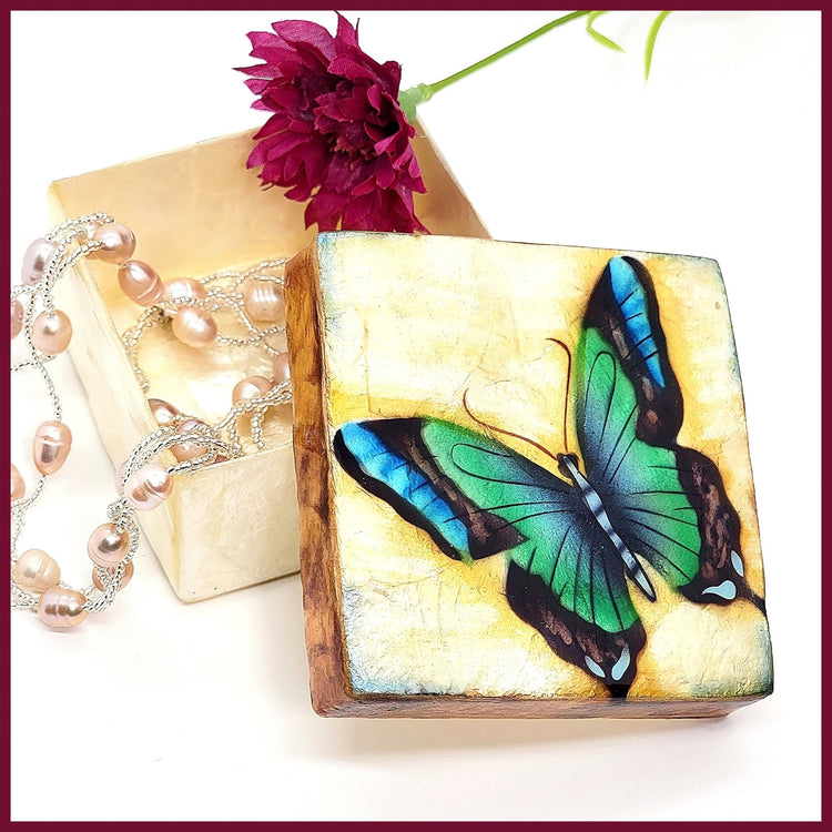 Capiz Shell Painted Trinket Box - Blue Butterfly - Leila Jewels