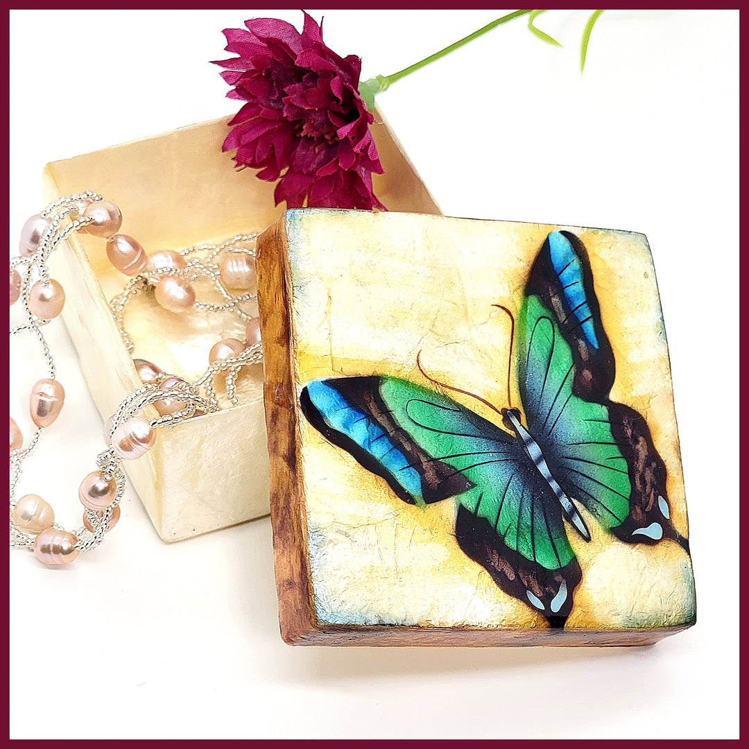 Capiz Shell Painted Trinket Box - Blue Butterfly