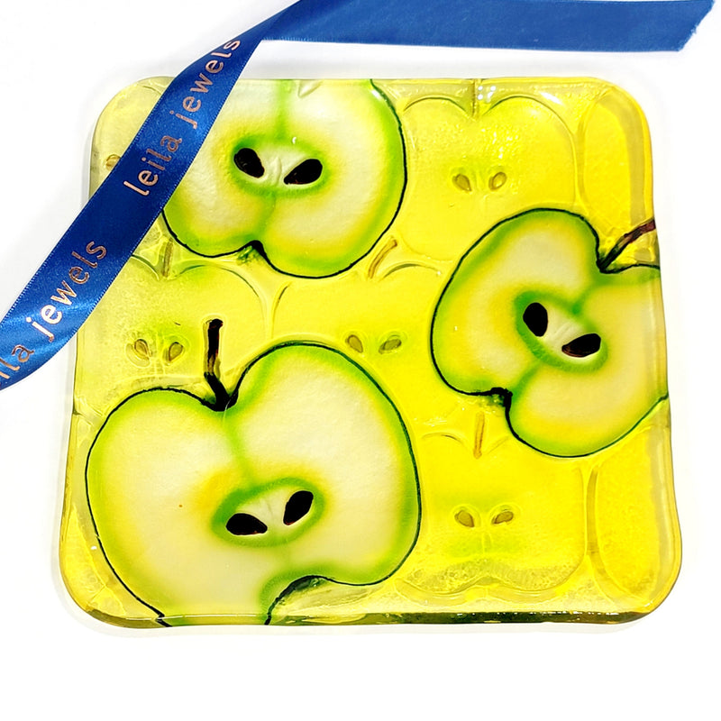 Green Apple Glass Plate– 8" Square Fused Glass Serving Plate with Curved Edges