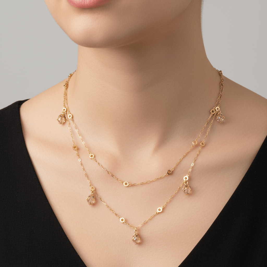 Double Chain Necklace with Crystal Drops - Leila Jewels