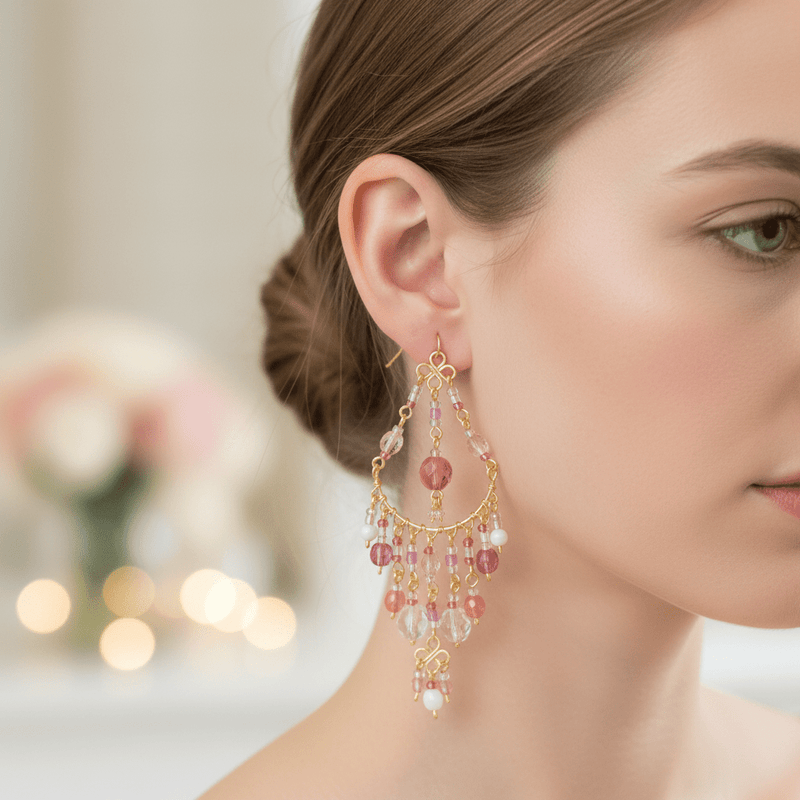 Handmade Beaded Chandelier Earrings - Pink Pastel - Leila Jewels