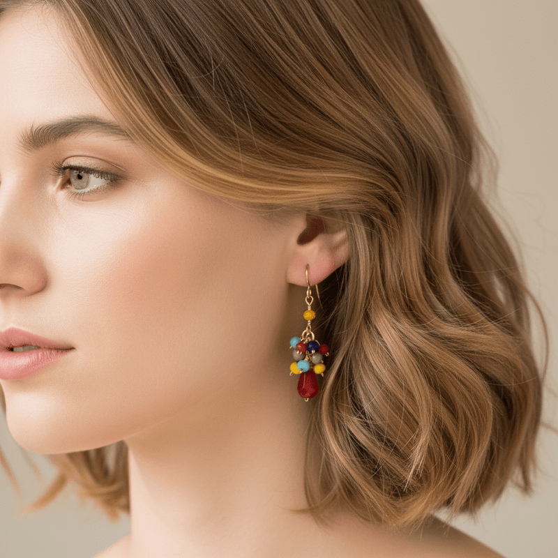 Multi - color Crystal Cluster Earrings - Red - Leila Jewels
