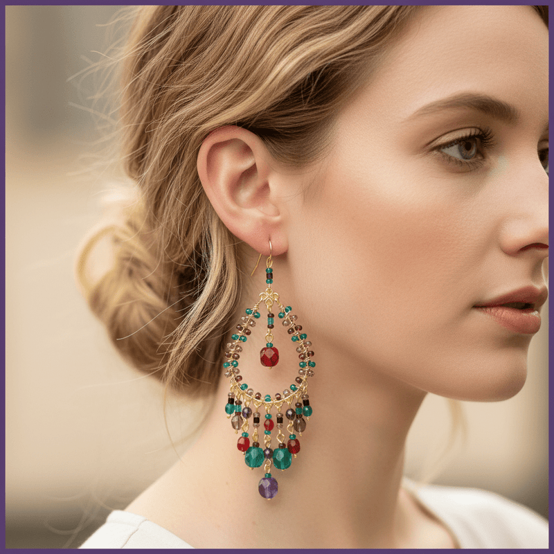 Handmade Beaded Chandelier Earrings - Clear Red Drop - Leila Jewels