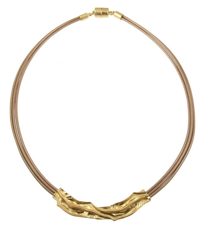 Crumpled Gold and Leather Necklace - Leila Jewels