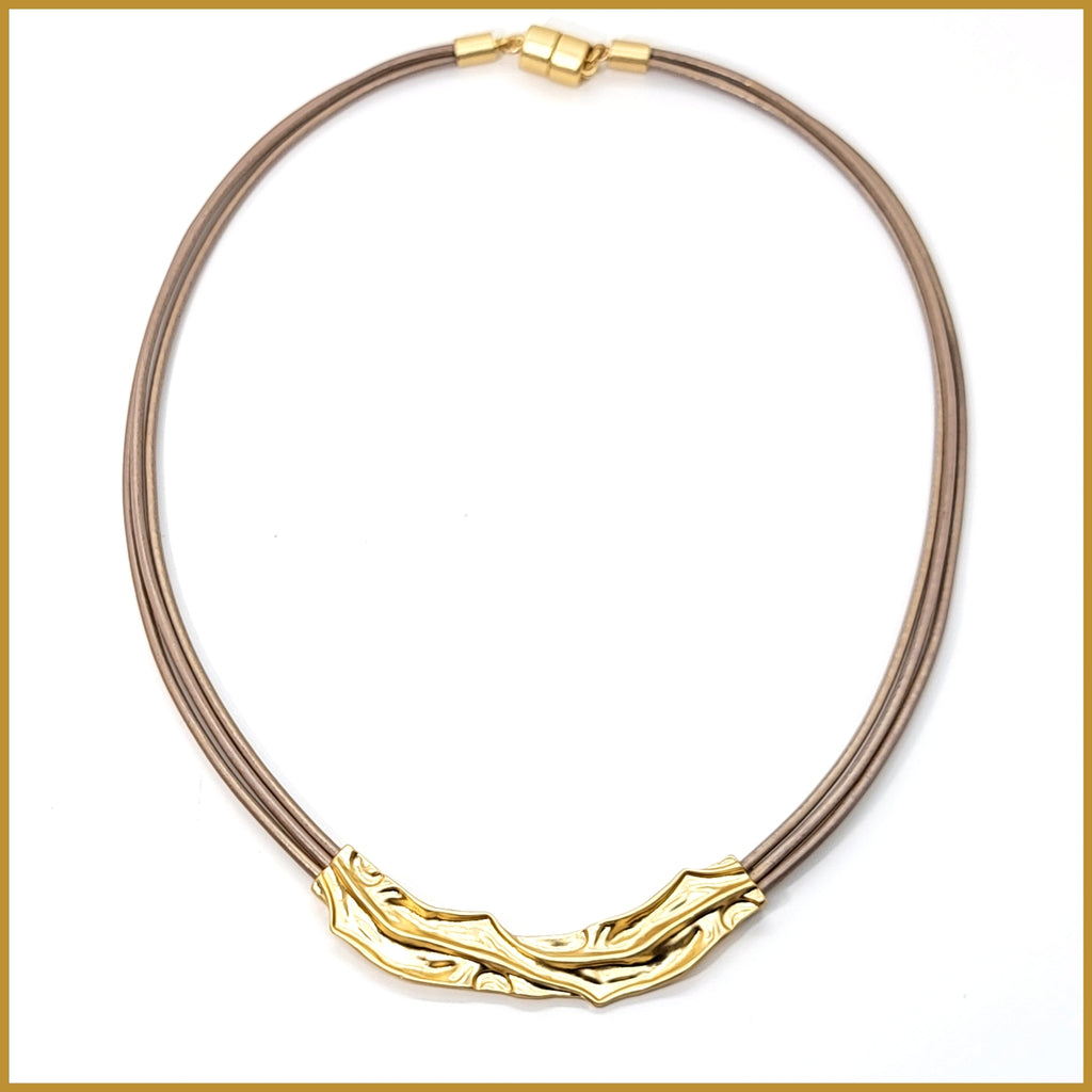 Crumpled Gold and Leather Necklace - Leila Jewels