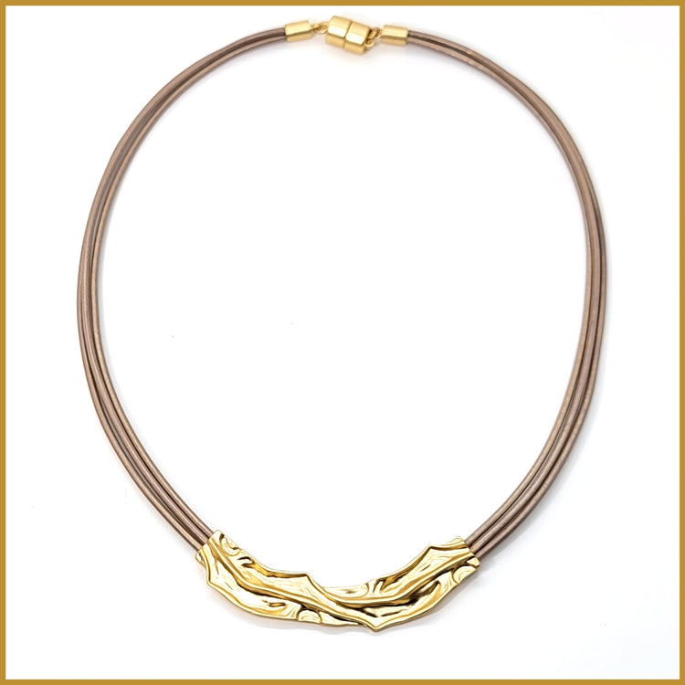 Crumpled Gold and Leather Necklace - Leila Jewels