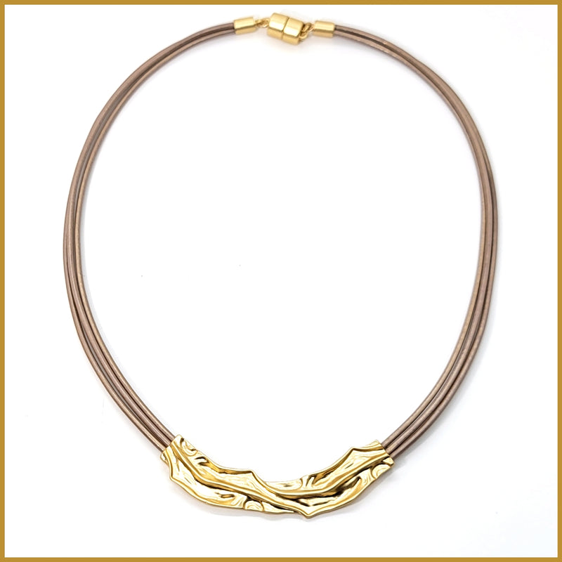 Crumpled Gold and Leather Necklace - Leila Jewels