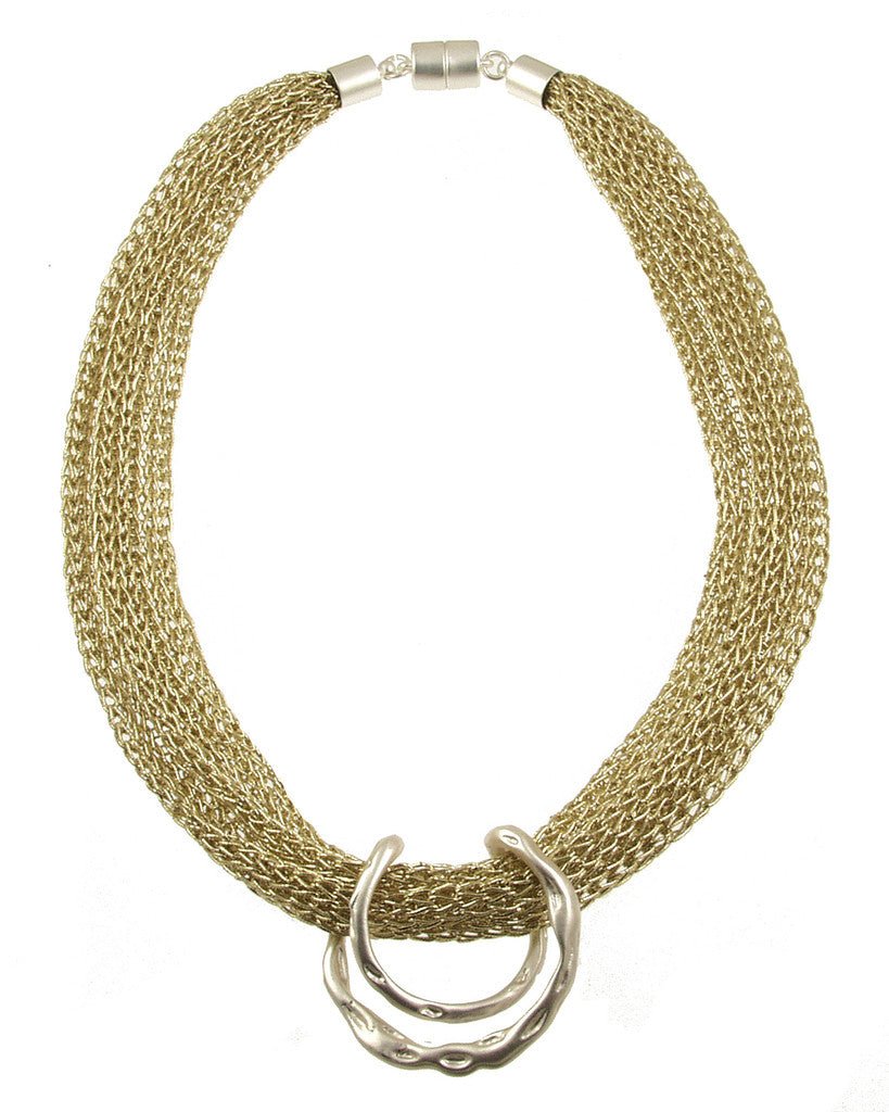 Woven Golden Thread Necklace with Matte Silver Pendant - Leila Jewels