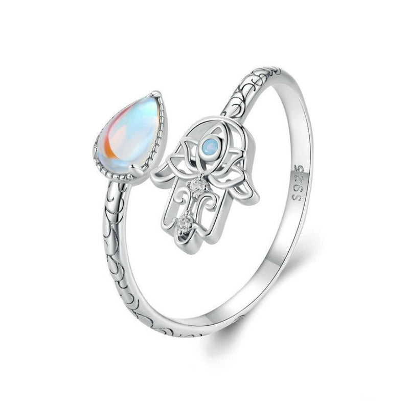 Sterling Silver and Opal Hamsa Adjustable Bypass Ring