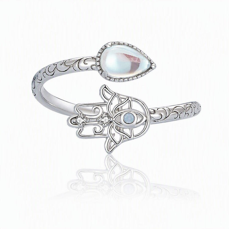 Sterling Silver and Opal Hamsa Adjustable Bypass Ring