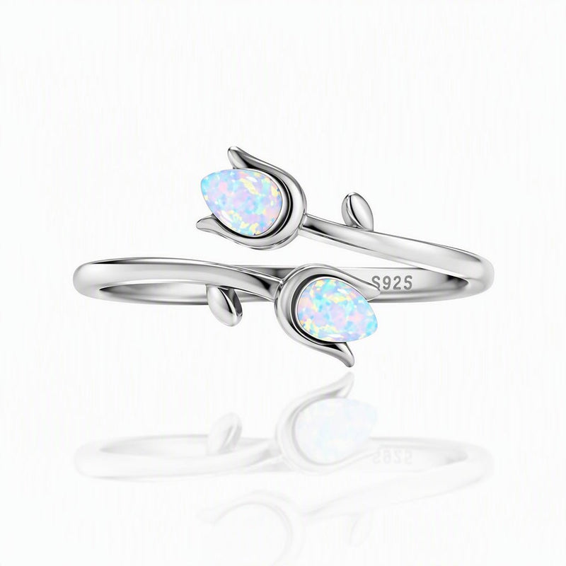 Dainty Opal Tulip Adjustable Sterling Silver Ring