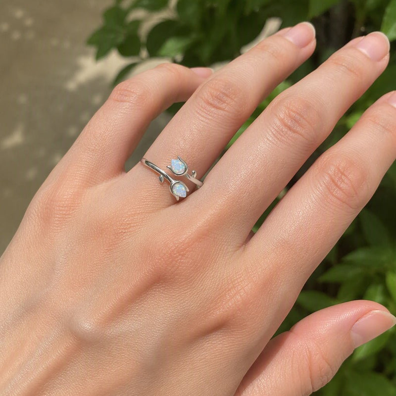 Dainty Opal Tulip Adjustable Sterling Silver Ring
