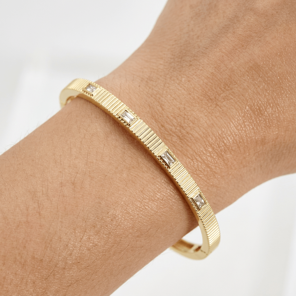 Slim Crystal - Studded Hinged Open Bangle Bracelet - Leila Jewels