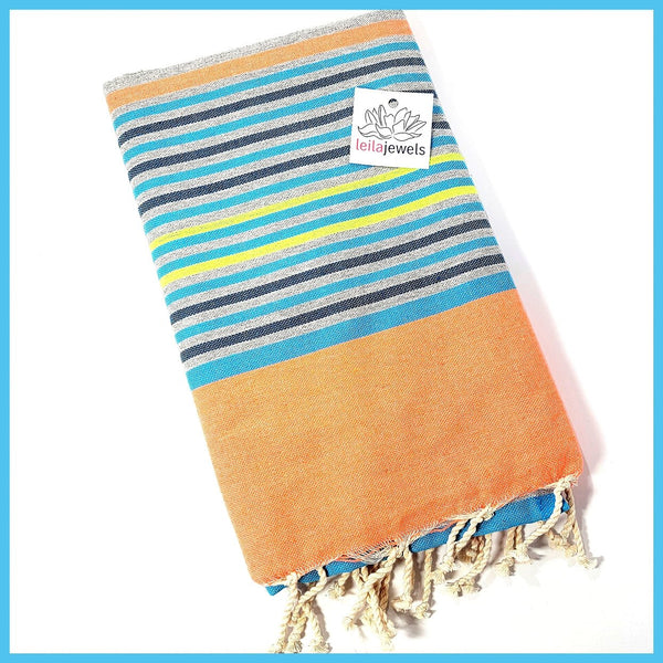 Turkish Towel / Sarong / Beach Towel - Orange Multi Stripe - Leila Jewels
