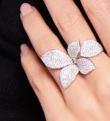 sterling silver pave flower ring on hand leila jewels