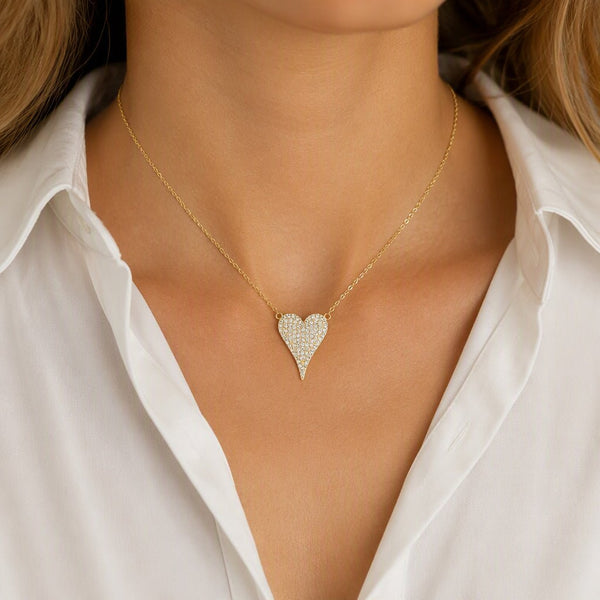 CZ Pavé Elongated Heart Necklace - Gold Vermeil - Leila Jewels